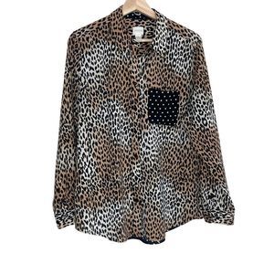 Chicos Blouse Size 2 Leopard Polkadot Button Up Down Shirt Long Sleeve Brown